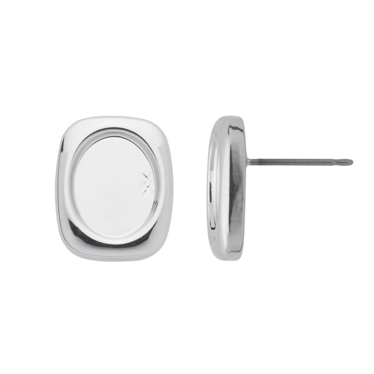 Rounded Rectangle Earstud with oval 10x8mm Cup for Cabochon without scrolls Silver Plated