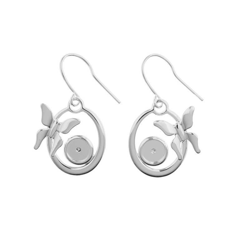 Butterfly in Circle Eardrops with 6mm Cup for Cabochon Silver Plated