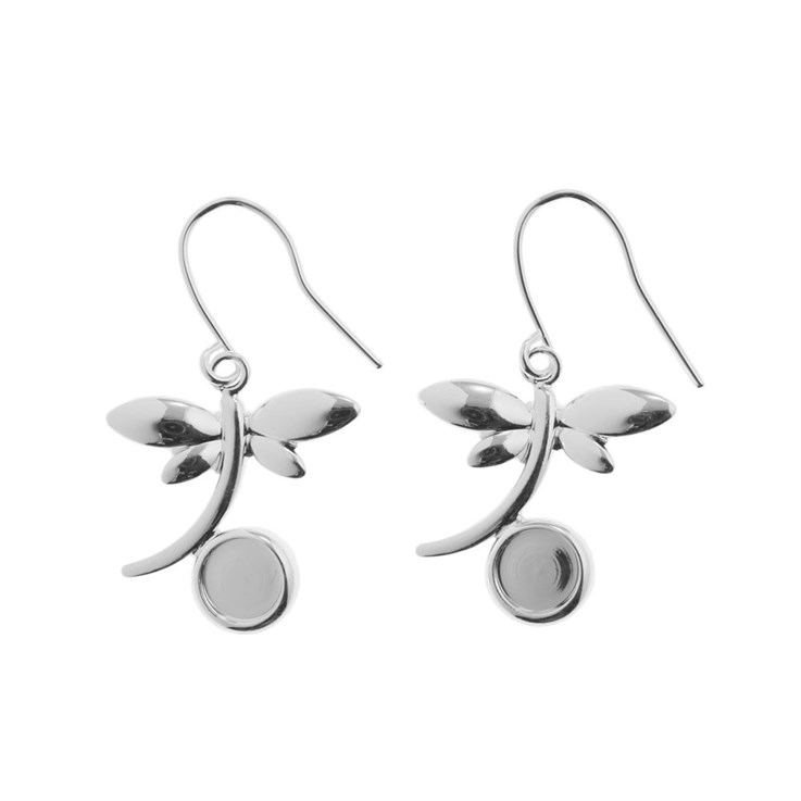 Dragonfly Eardrops with 6mm Cup for Cabochon Silver Plated