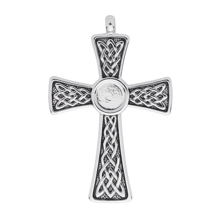 Cross Pendant with 8mm Indent for Cabochon Rhodium Plated
