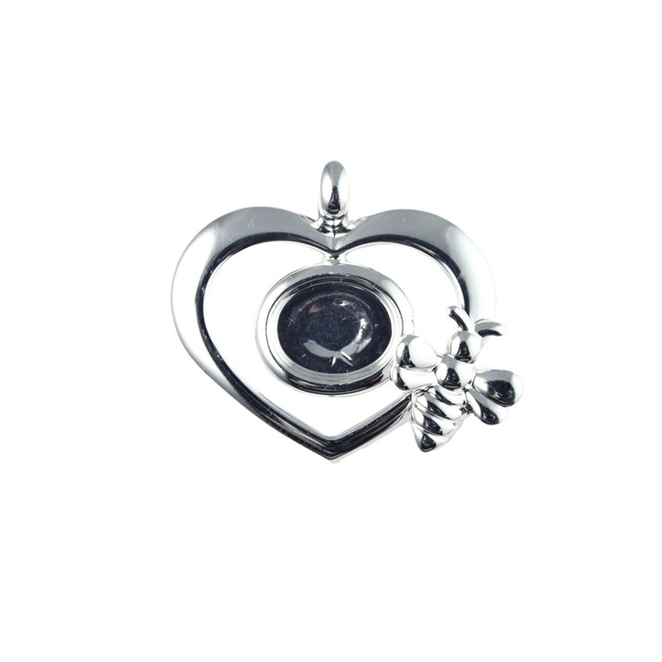Heart & Bumble Bee Pendant with 10x8mm Cup for Cabochon Silver Plated