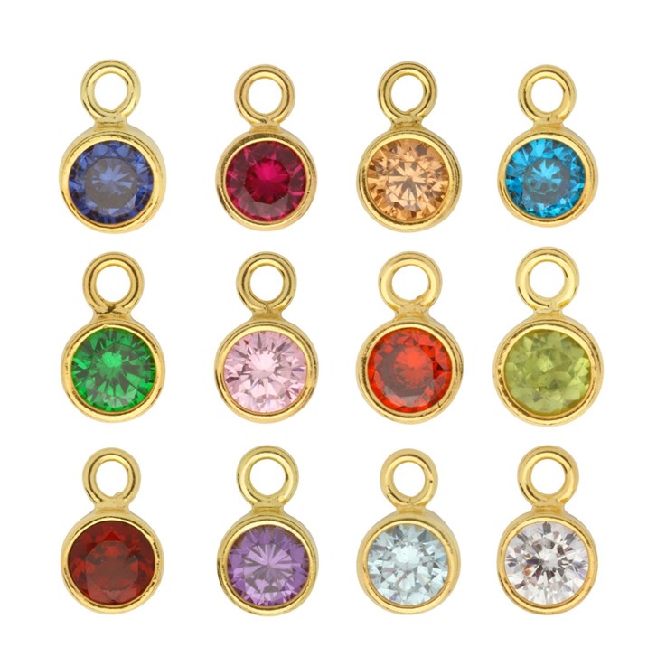 Birthstone Set 4mm CZ Crystal in 5mm Gold Plated Sterling Silver Vermeil  Charm - Set of 12