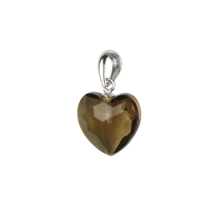 Smokey Quartz Gemstone Facet Heart 12mm Pendant with Bail Sterling Silver