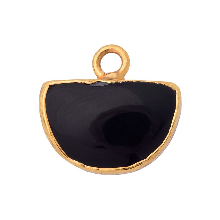 Black Agate Gemstone Semi Circle 12x8mm Pendant/Dropper 18ct Gold Electroplated