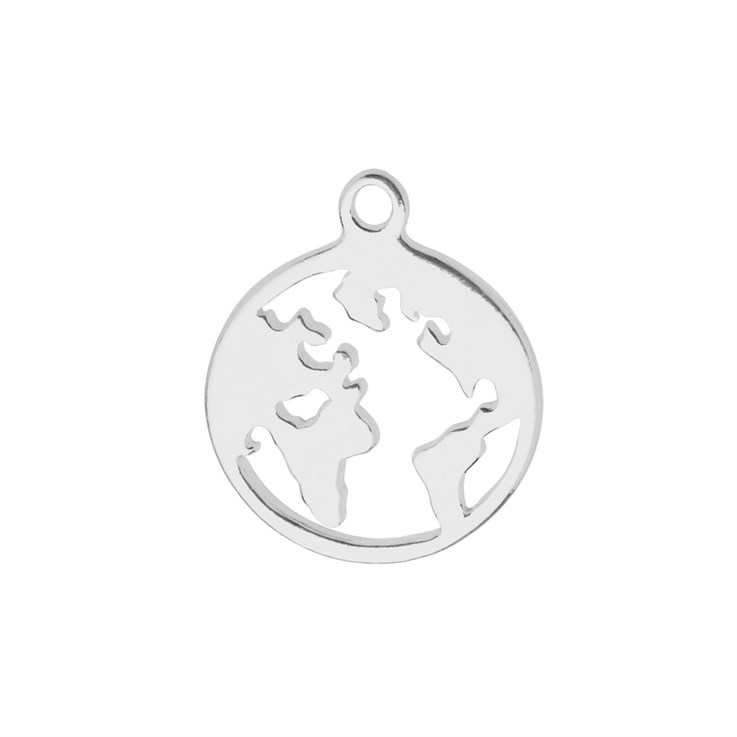 World Map Charm Round 12.5mm Sterling Silver