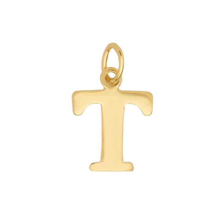 Large Serif Uppercase Alphabet Letter T Charm Pendant 13x9.5mm Gold Plated Sterling Silver Vermeil
