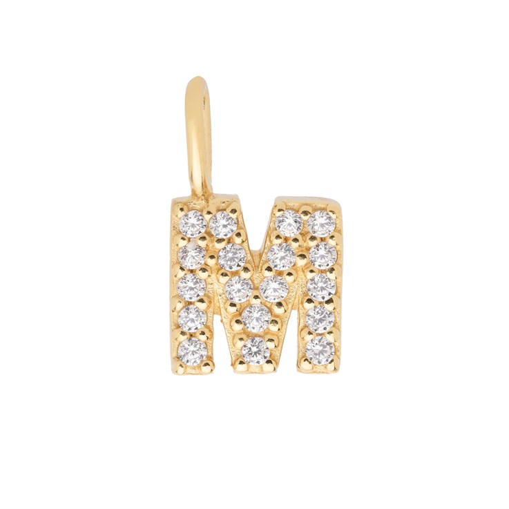 Mini Uppercase CZ Alphabet Letter M Charm Pendant 10.25mm inc. loop x 5.95mm Gold Plated Sterling Silver Vermeil