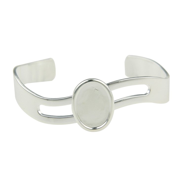 Cuff Bangle with 18x13mm Bevel Edge Cup for Cabochon Silver Plated