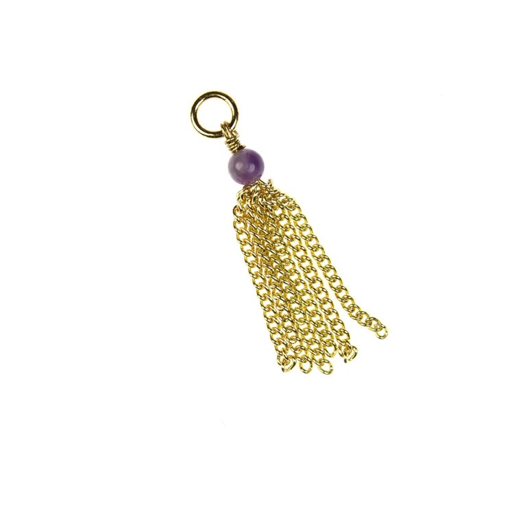 Curb Chain Tassel 25mm with Amethyst Bead & Ring Gold Plated