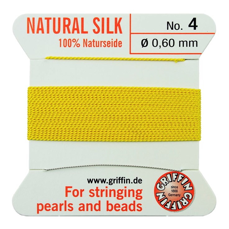 Griffin Natural Silk Beading Thread (0.60mm No.4) + Needle Yellow 2 metres NETT