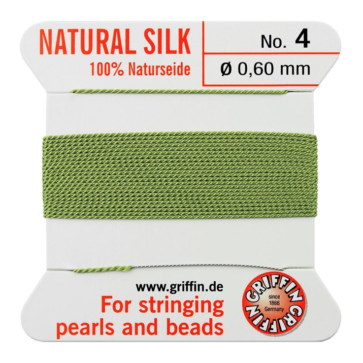 Griffin Natural Silk Beading Thread (0.60mm No.4)  + Needle Jade Green 2 metres NETT