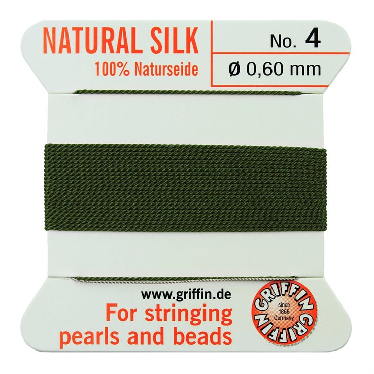 Griffin Natural Silk Beading Thread (0.60mm No.4)+ Needle Olive 2 metres NETT