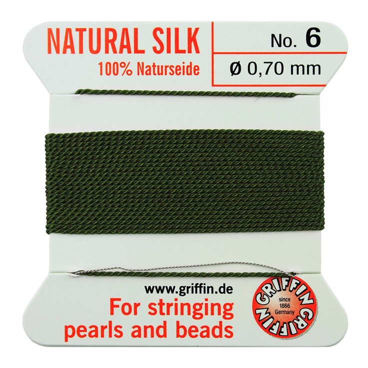 Griffin Natural Silk Beading Thread (0.70mm No.6) + Needle Olive  2 metres NETT