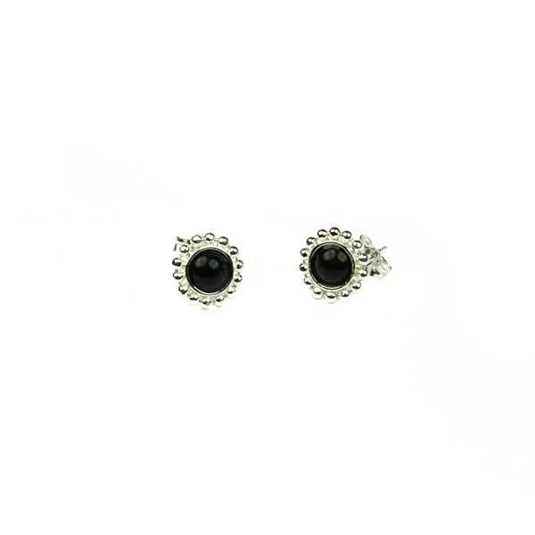 Fancy Studded Edge Earrings Sterling Silver with Black Agate