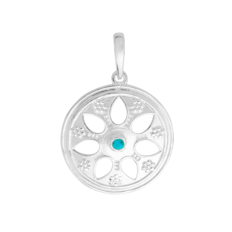 Turquoise Seven Leaf 20mm Round Pendant Sterling Silver