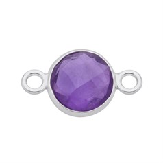 Amethyst Facet 11.5mm Round Bezel Set Connector Charm Sterling Silver