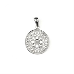Mandala Flower Design Round Pendant with Cubic Ziconia 18mm Sterling Silver (STS)