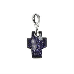 Blue Goldstone Gemstone Cross Pendant with Baill 12x16mm Sterling Silver
