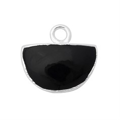 Black Agate Gemstone Semi Circle 12x8mm Pendant/Dropper Sterling Silver Electroplated