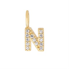 Mini Uppercase CZ Alphabet Letter N Charm Pendant 10.9mm inc. loop x 5mm Gold Plated Sterling Silver Vermeil