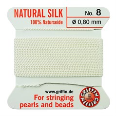 Griffin Natural Silk Beading Thread (0.80mm No.8) + Needle White 2 metres NETT