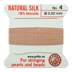 Griffin Natural Silk Beading Thread (0.60mm No.4) + Needle Light Pink 2 metres NETT