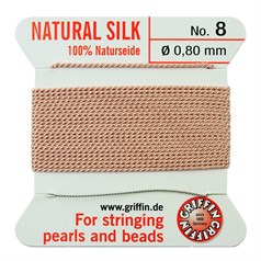 Griffin Natural Silk Beading Thread (0.80mm No.8) + Needle Light Pink 2 metres NETT