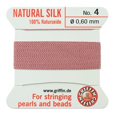 Griffin Natural Silk Beading Thread (0.60mm No.4)  + Needle Dark Pink 2 metres NETT