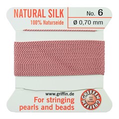 Griffin Natural Silk Beading Thread (0.70mm No.6) + Needle Dark Pink 2 metres NETT