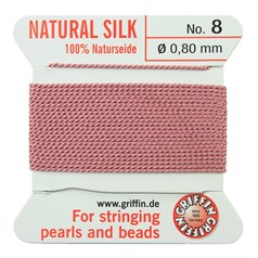 Griffin Natural Silk Beading Thread (0.80mm No.8) + Needle Dark Pink 2 metres NETT