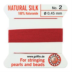 Griffin Natural Silk Beading Thread (0.45mm No.2) + Needle Red 2 metres NETT