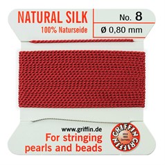 Griffin Natural Silk Beading Thread (0.80mm No.8) + Needle Red 2 metres NETT