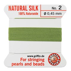 Griffin Natural Silk Beading Thread (0.45mm No.2) + Needle Jade Green  2 metres NETT
