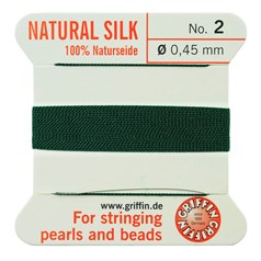 Griffin Natural Silk Beading Thread (0.45mm No.2)  + Needle Green  2 metres NETT