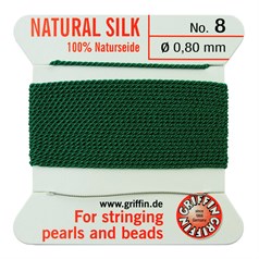 Griffin Natural Silk Beading Thread (0.80mm No.8) + Needle Green 2 metres NETT