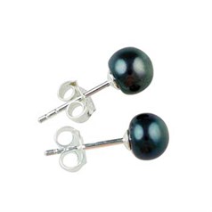 6mm Button Pearl Stud Earring with Sterling Silver Fittings in Black