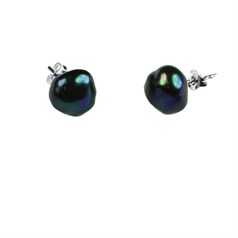 10-12mm Baroque Pearl Stud Earring with Sterling Silver Fittings in Black