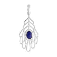 Lapis Peacock Feather 33x16mm Pendant Sterling Silver