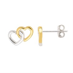 Two Tone Double Heart Earstud LEFT AND RIGHT with Post & Scroll Sterling Silver