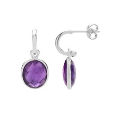 Amethyst Facetted Drop Ear Hoop with Post & Scroll Sterling Silver