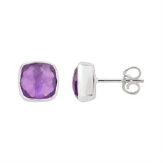 Amethyst Facetted Square Earstud with Scroll Sterling Silver