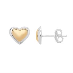 Two Tone Heart on Heart Earstud with Post & Scroll Sterling Silver