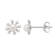 8 Petal Flower Earstuds with FWP Pearl Including Scrolls Sterling Silver