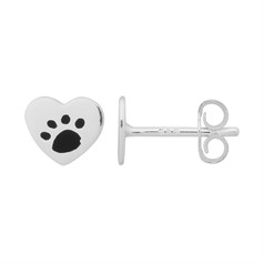 Heart with Enamelled Paw Print Earstud with Post & Scroll Sterling Silver